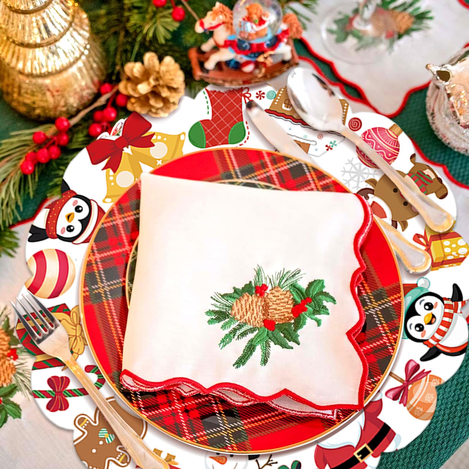 HSDSH placemats feature Santa and snowmen for warm holiday ambiance.