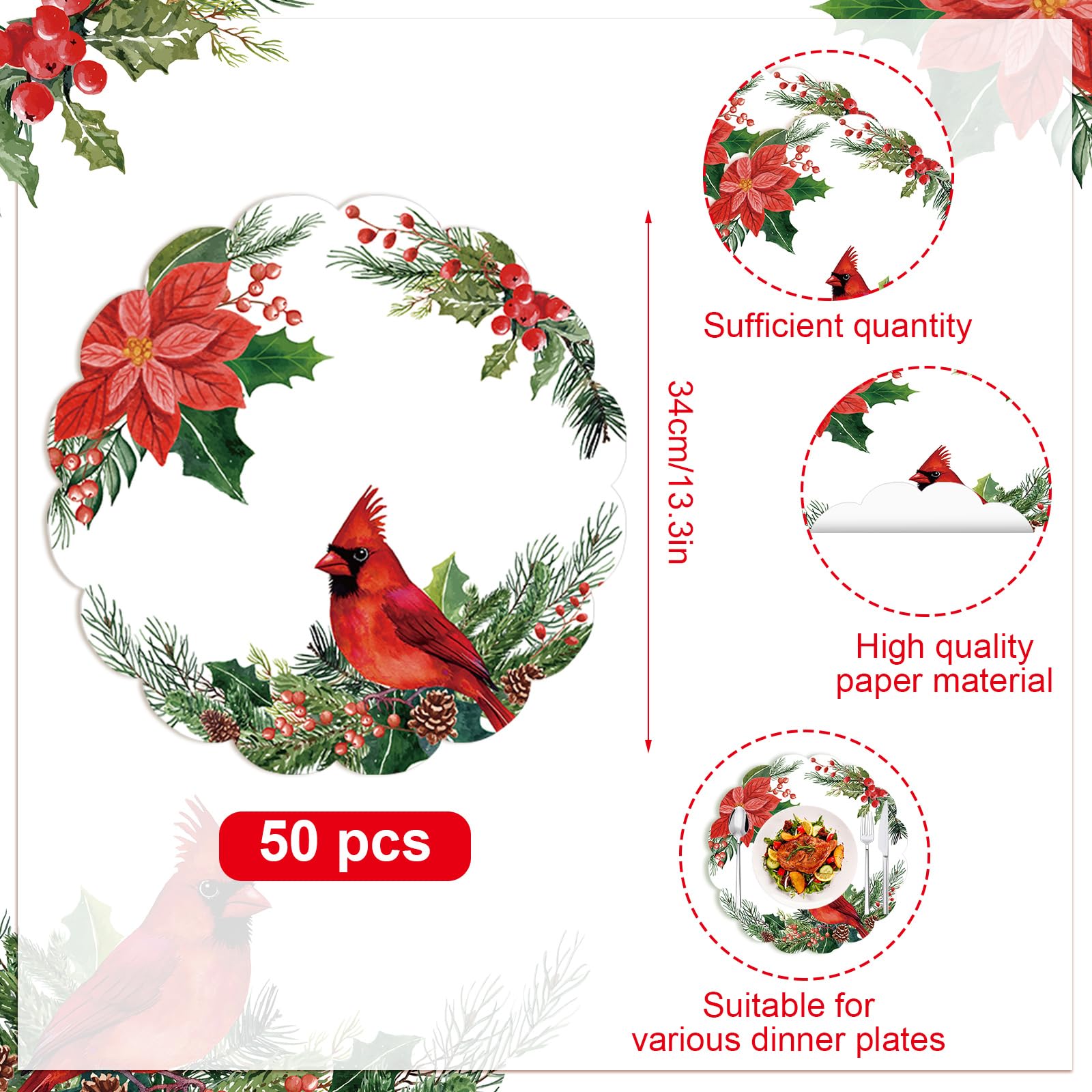HSDSH holly-berry pattern placemat enhances seasonal ambience while protecting tabletop surfaces.