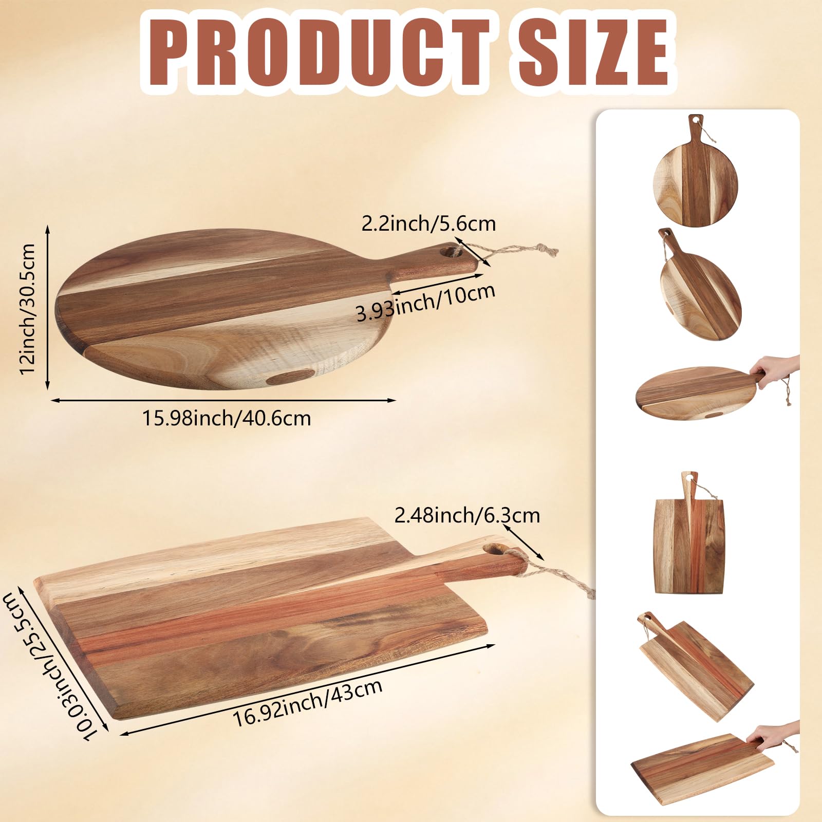 Hsei acacia rectangular cutting board with handle, versatile for chopping and table presentation.