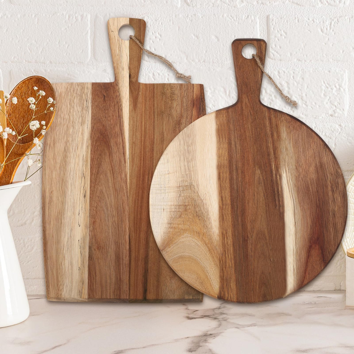 Hsei acacia round cutting board with handle for prep work and stylish serving.