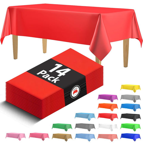 HSGUS 14-pack red tablecloth covers a 54x108 inch dining table for easy cleanup.