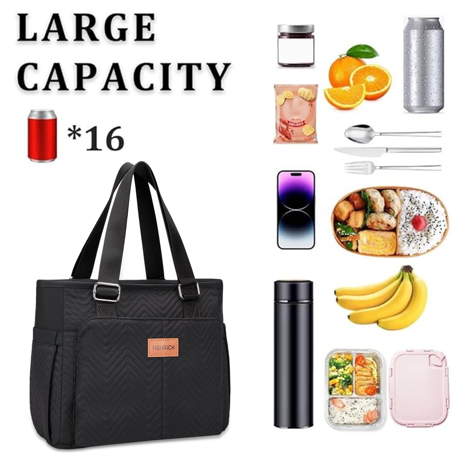 HSHRICH 12L bag holding multiple lunch containers and drinks for work