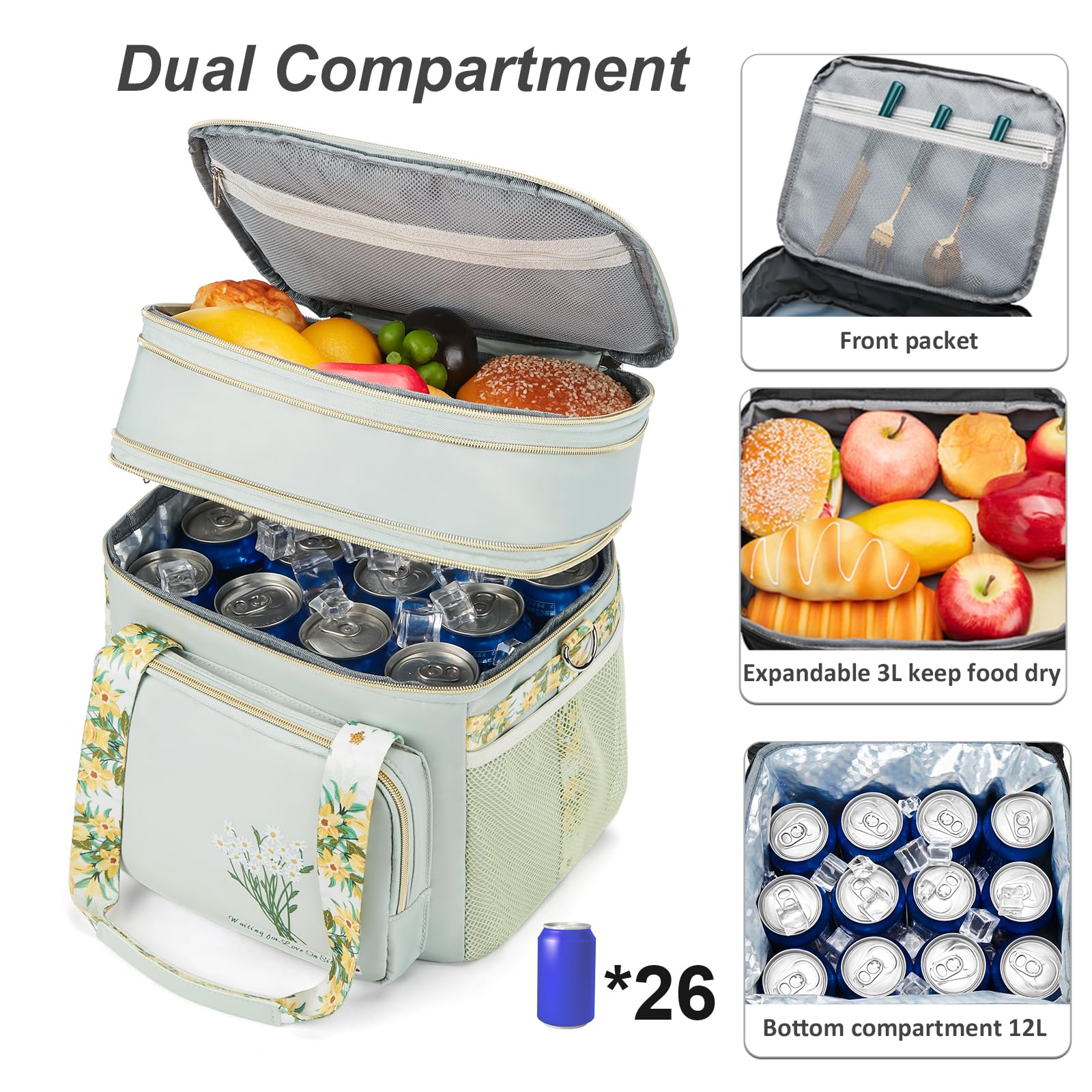 HSHRICH insulated lunch bag foldable upper compartment expands storage options