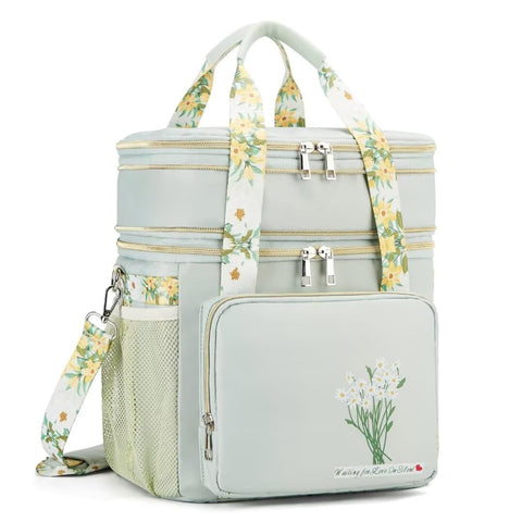 HSHRICH insulated lunch bag with green flowers front view keeps meals fresh for commutes