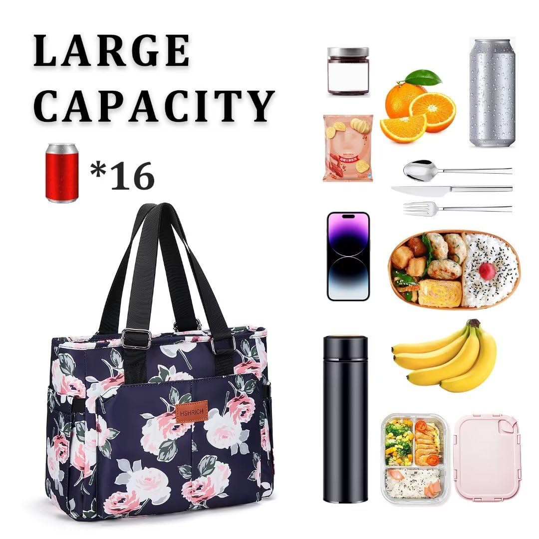 HSHRICH large Peony lunch bag insulated liner keeps foods fresh