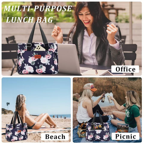 HSHRICH large Peony lunch bag adjustable shoulder strap for versatile carrying