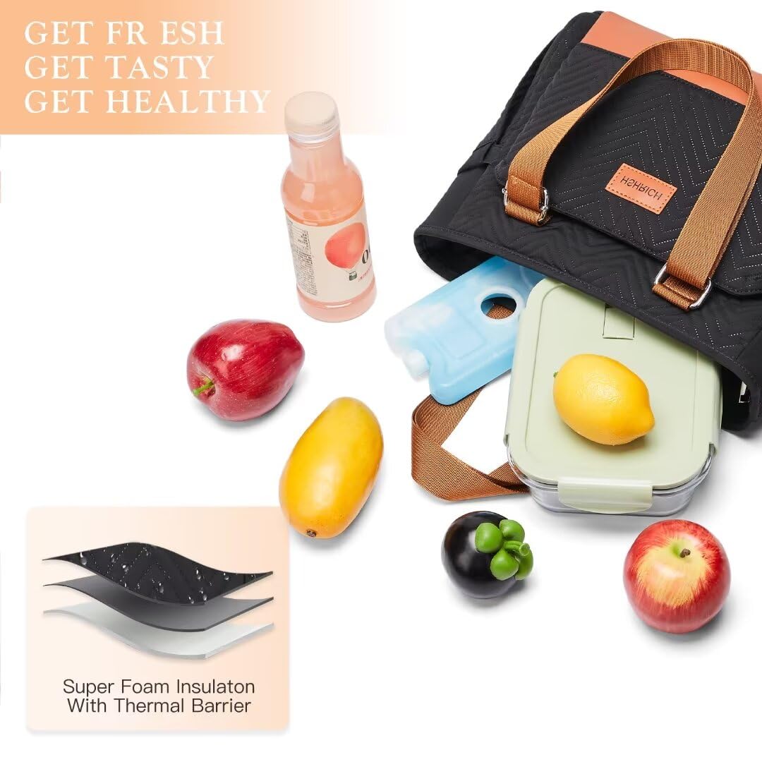 HSHRICH lunch bag highlights leakproof main compartment to prevent spills.