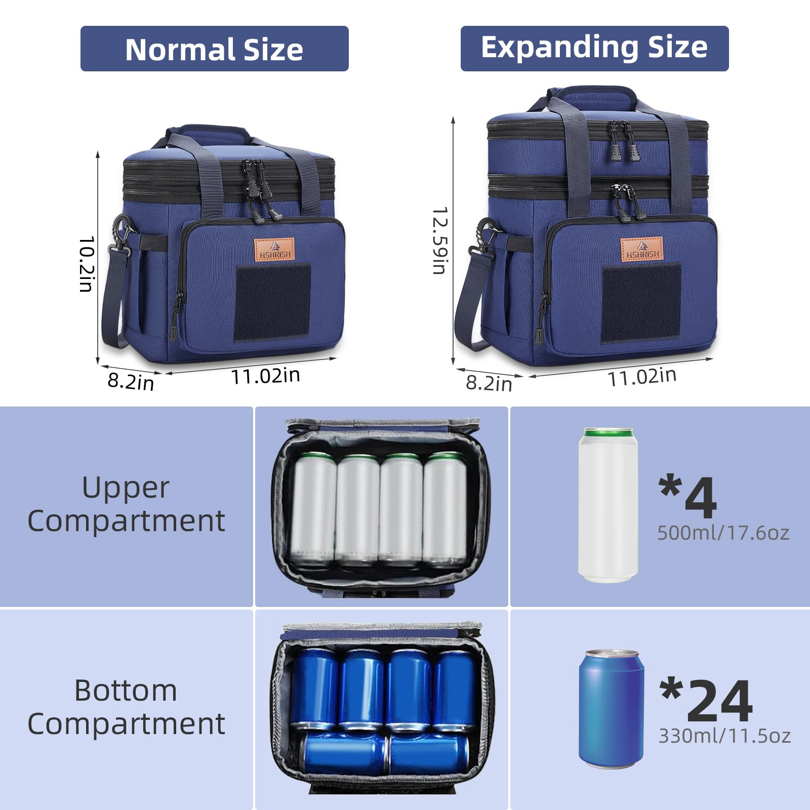 HSHRISH expandable blue top compartment, increasing capacity for extra containers during trips.