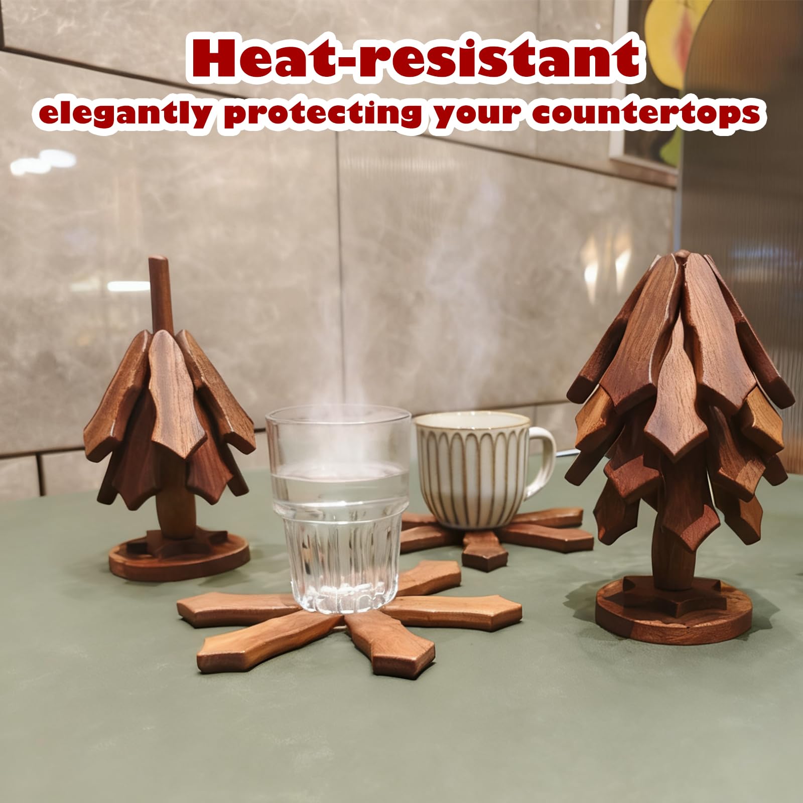 Hsmanchry foldable tree trivet folds flat for easy storage.