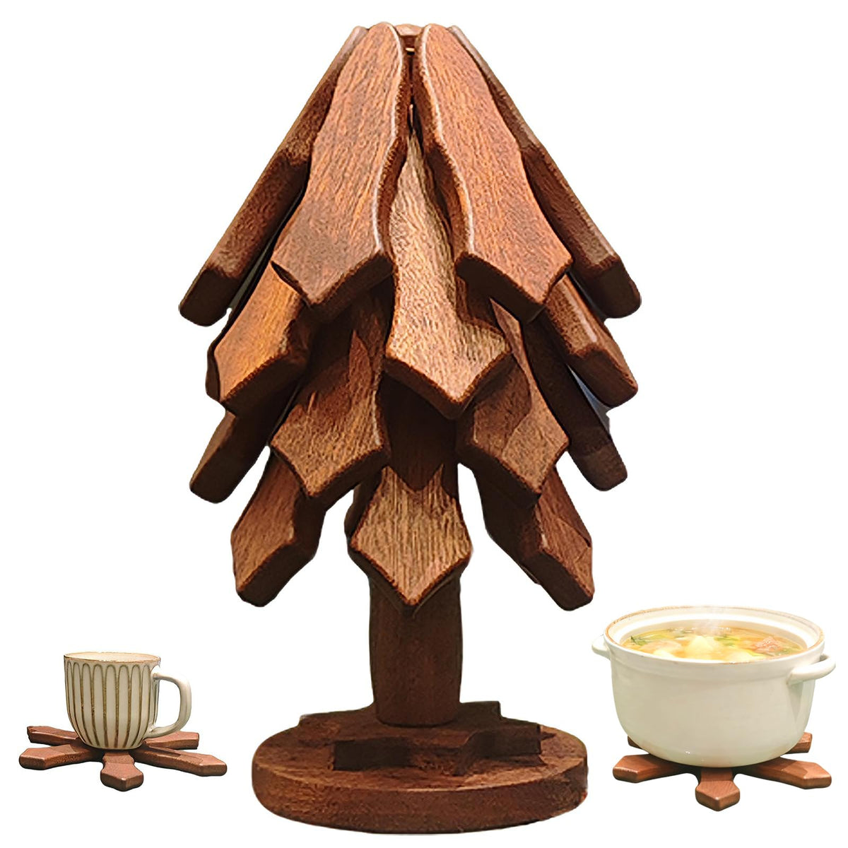 Hsmanchry tree trivet set in walnut wood with stand protects counters and stays organized.