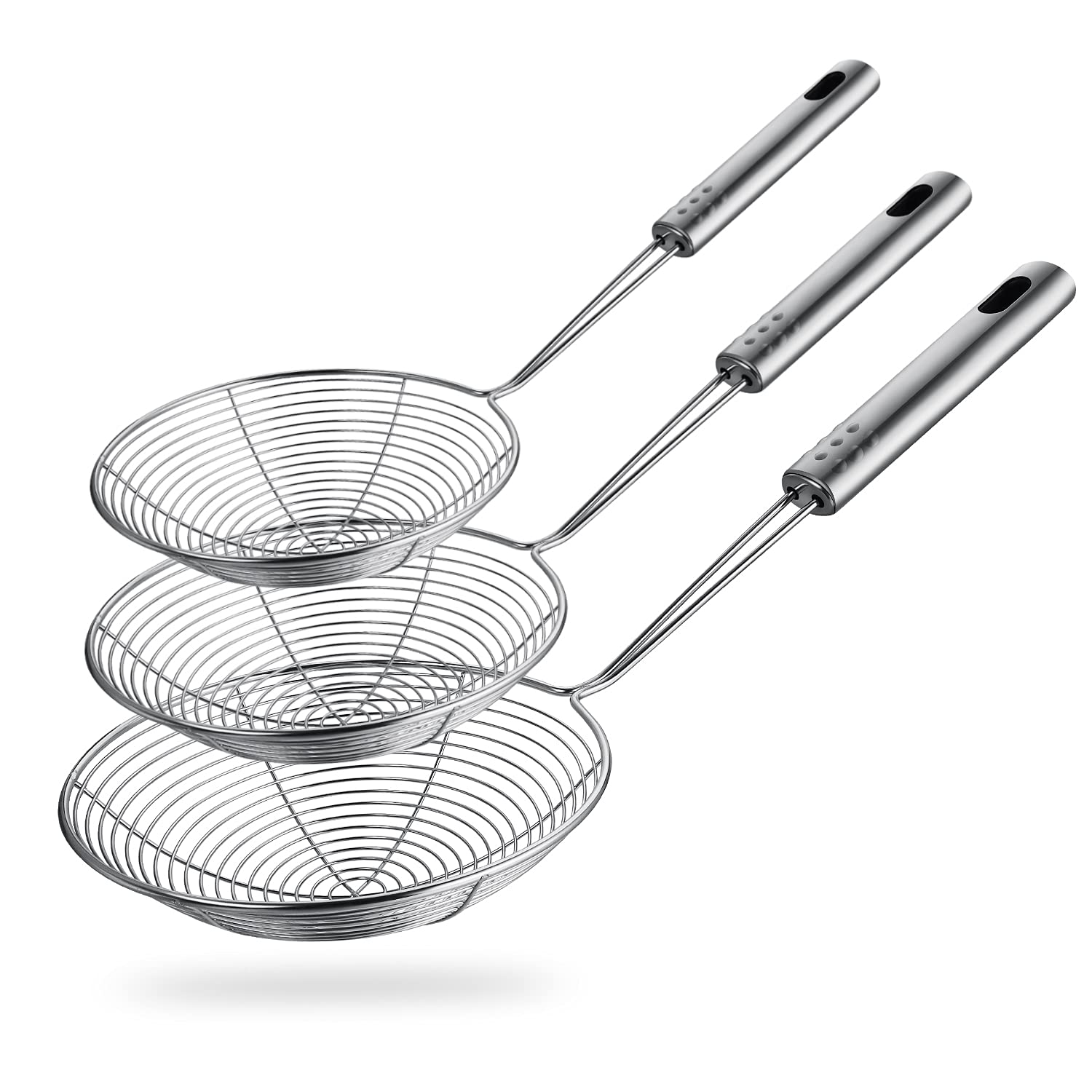 HSpiow spider strainer 4-7 inch with long handle for safe hot oil frying.