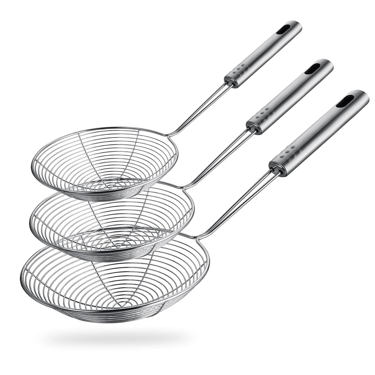 HSpiow spider strainer 4-7 inch with long handle for safe hot oil frying.