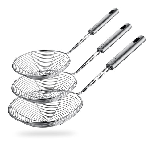 HSpiow spider strainer 4-7 inch with long handle for safe hot oil frying.