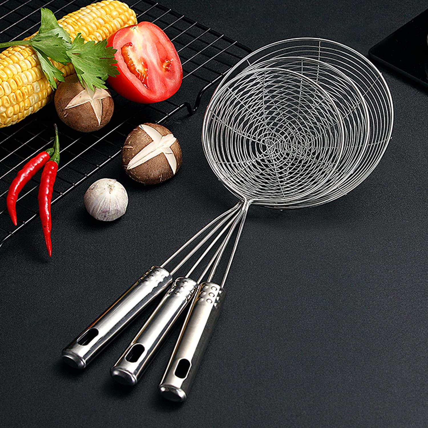 HSpiow 3-size spider strainer set for versatile kitchen tasks.