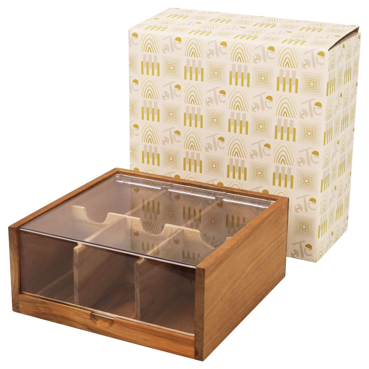 HTB acacia tea bag organizer with six compartments keeps tea organized and accessible.