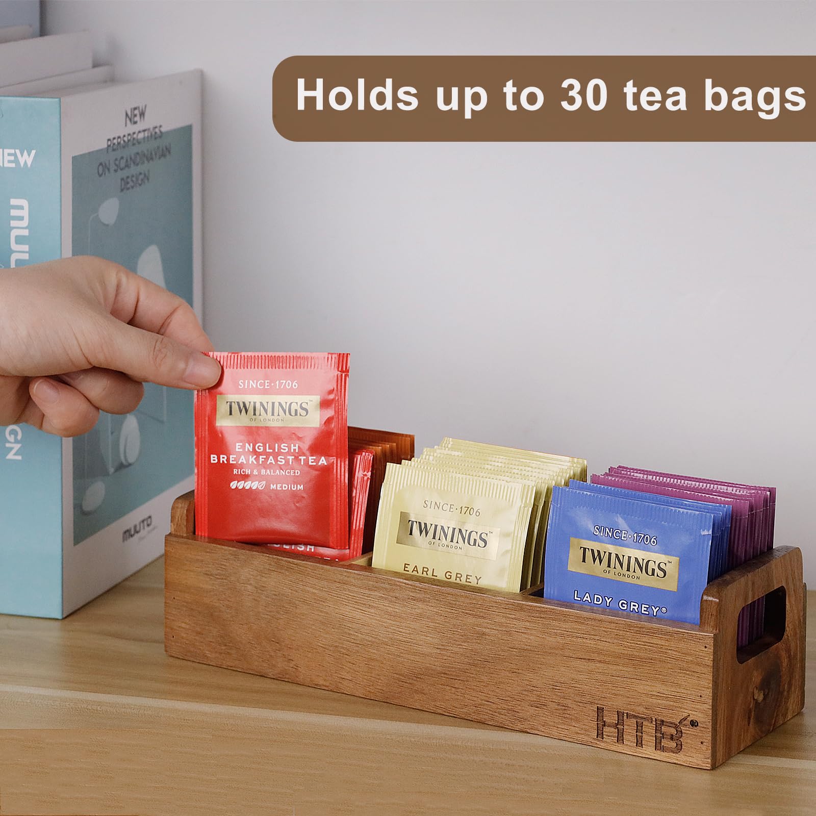 HTB acacia wood tea box, side view, highlights natural grain patterns.