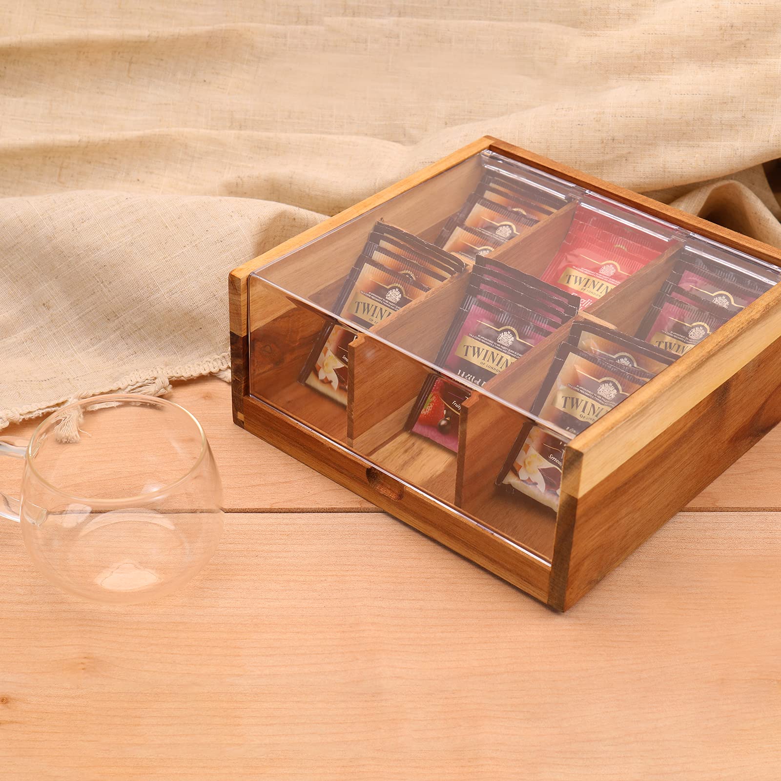 HTB acacia wood tea chest with clear lid for quick tea bag visibility.