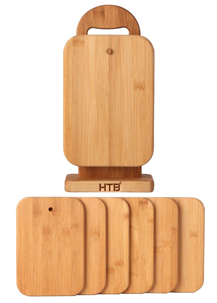 HTB bamboo cutting board set on a counter with holder for compact storage.