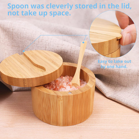 Round bamboo container keeps salt and spices neatly on the counter.
