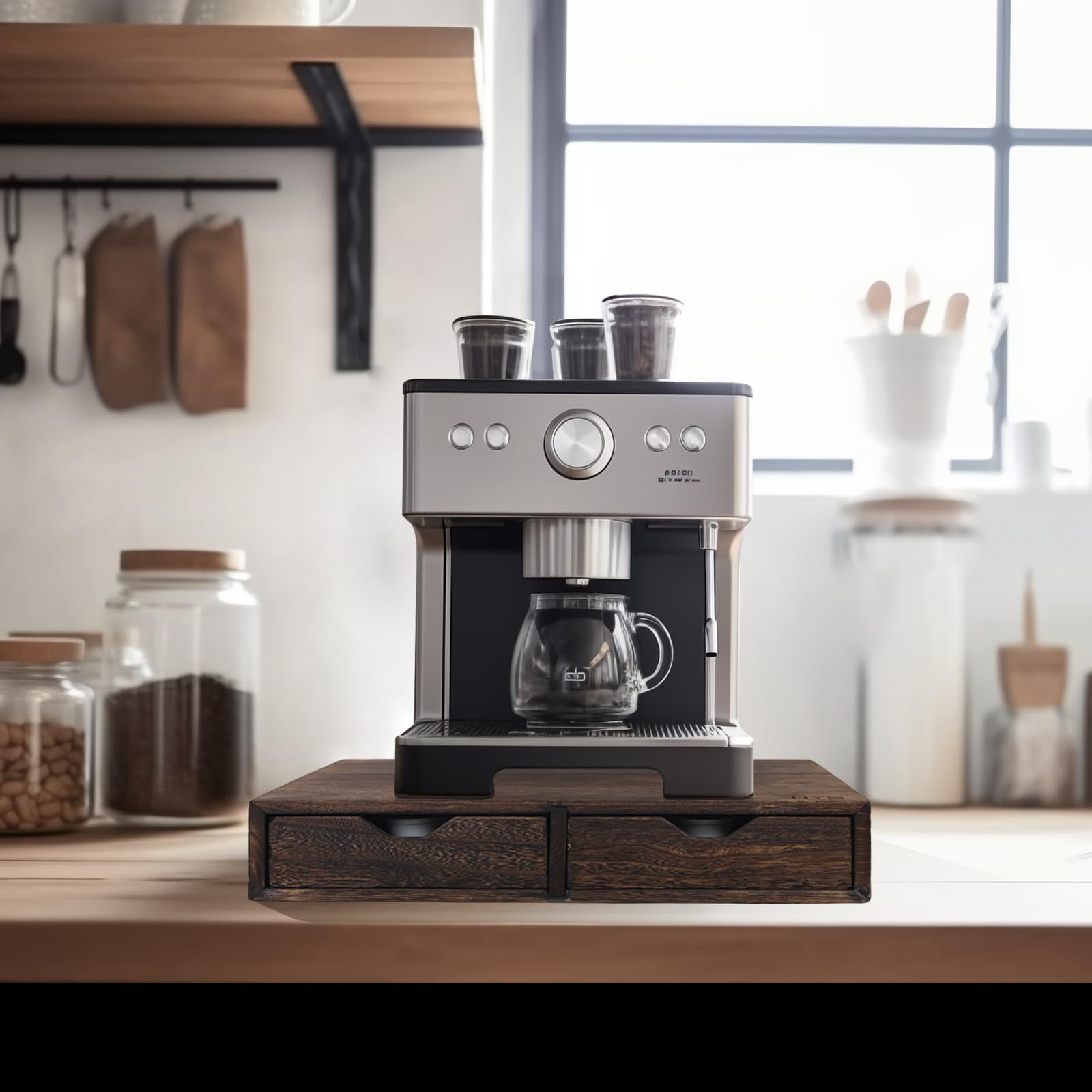 HTB K Cup Holder drawer open displaying easy pod access and quick restocking.