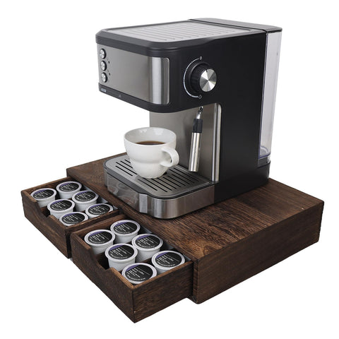 HTB K Cup Holder wood top with coffee maker showing sturdy support and tidy counter space.