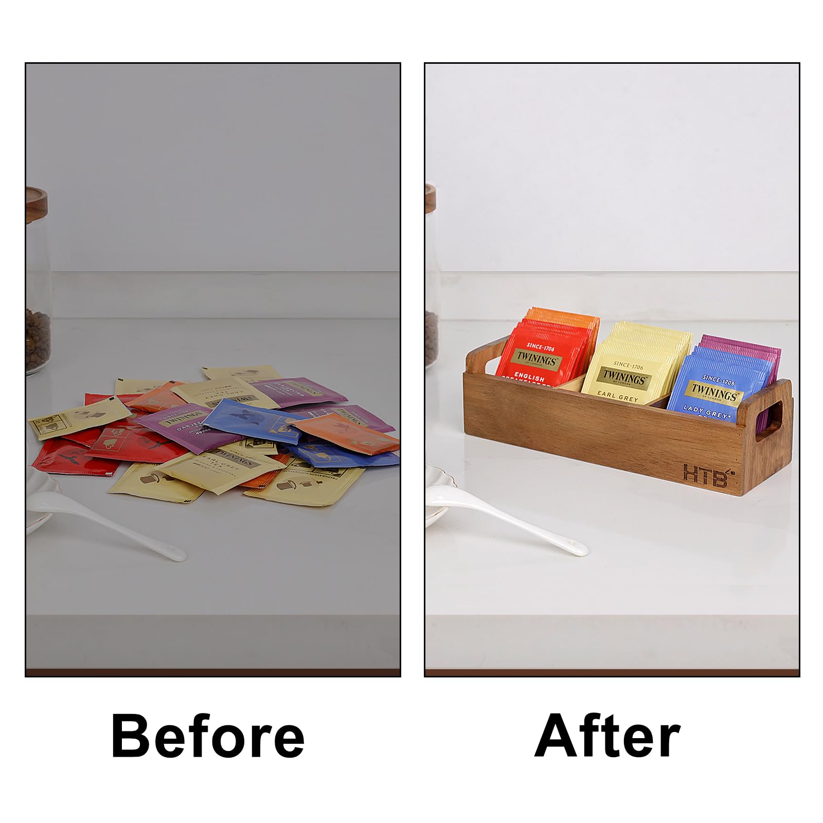 HTB multi-compartment tea caddy keeps sugar, tea, and packets neatly separated.