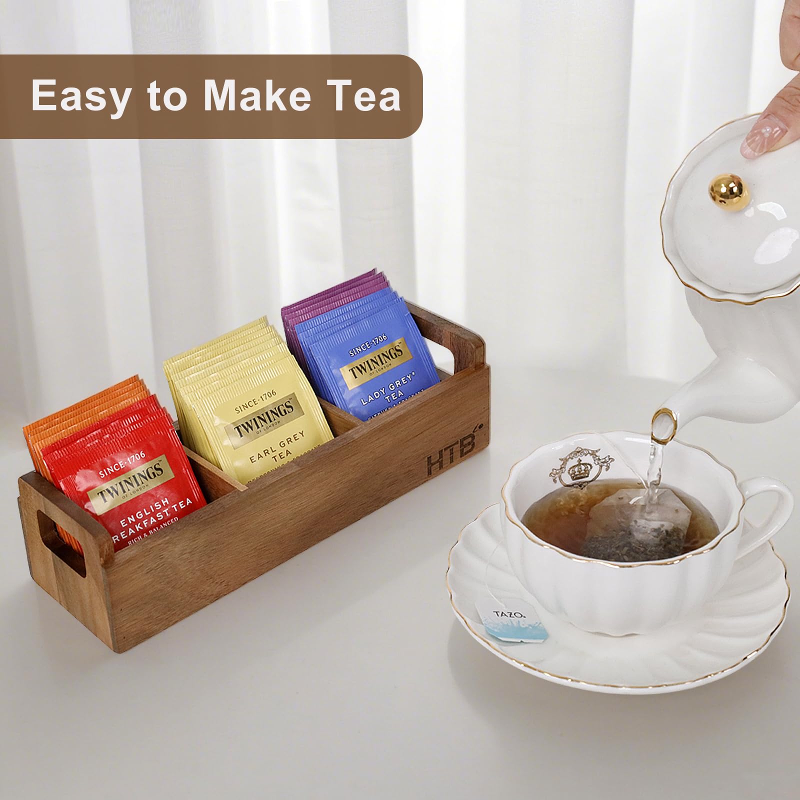 HTB portable tea caddy with handles for moving between cabinets and shelves.