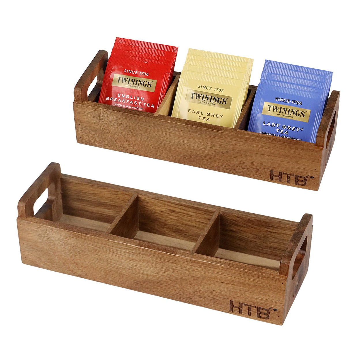 HTB small tea bag box with three compartments keeps bags organized and accessible.