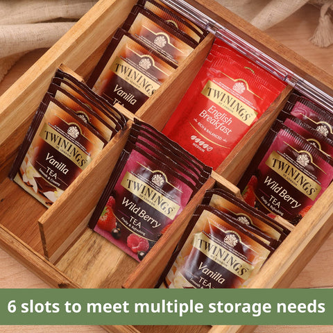 HTB tea caddy with hinged clear lid for easy viewing of contents.