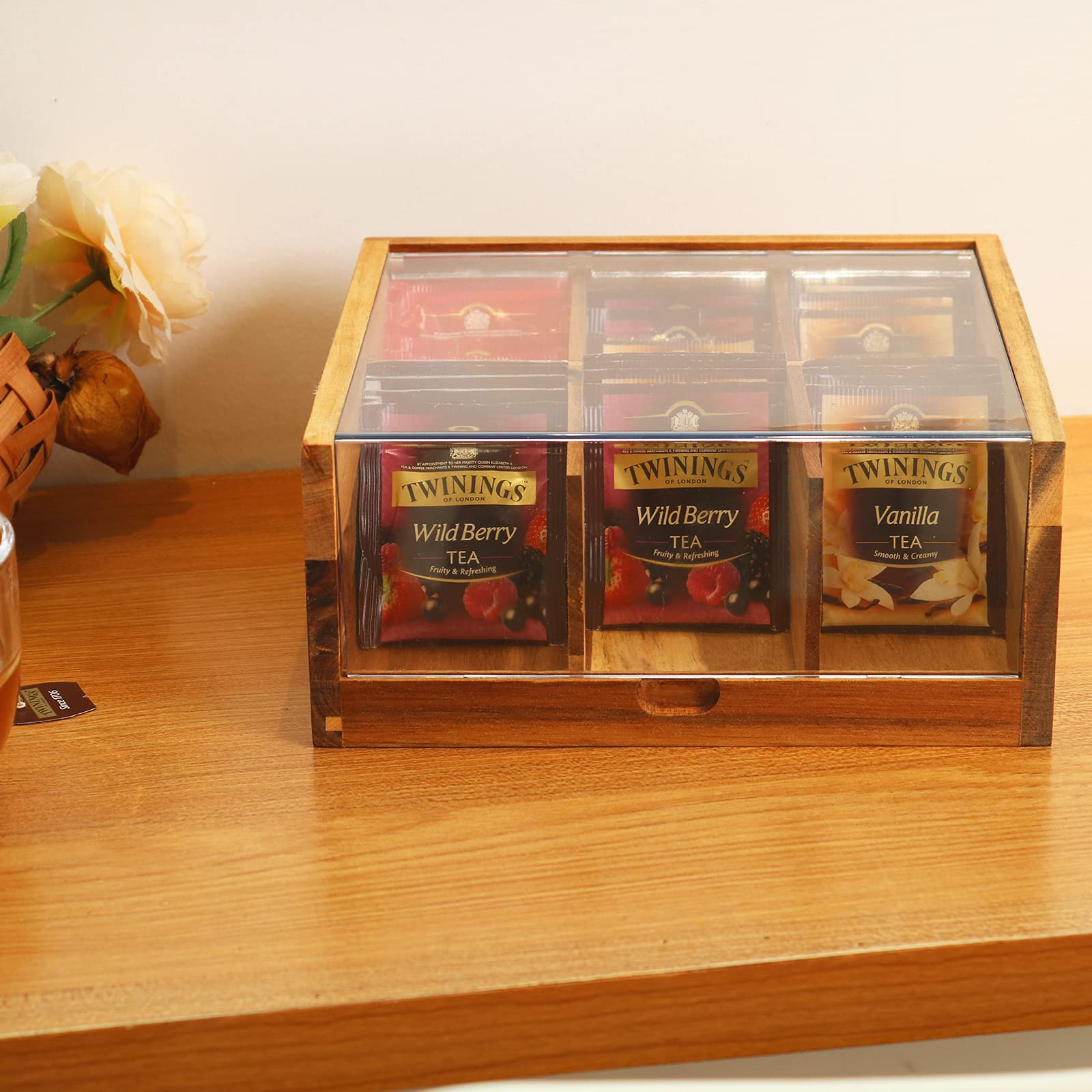 HTB tea chest shows natural wood grain in an elegant kitchen display.