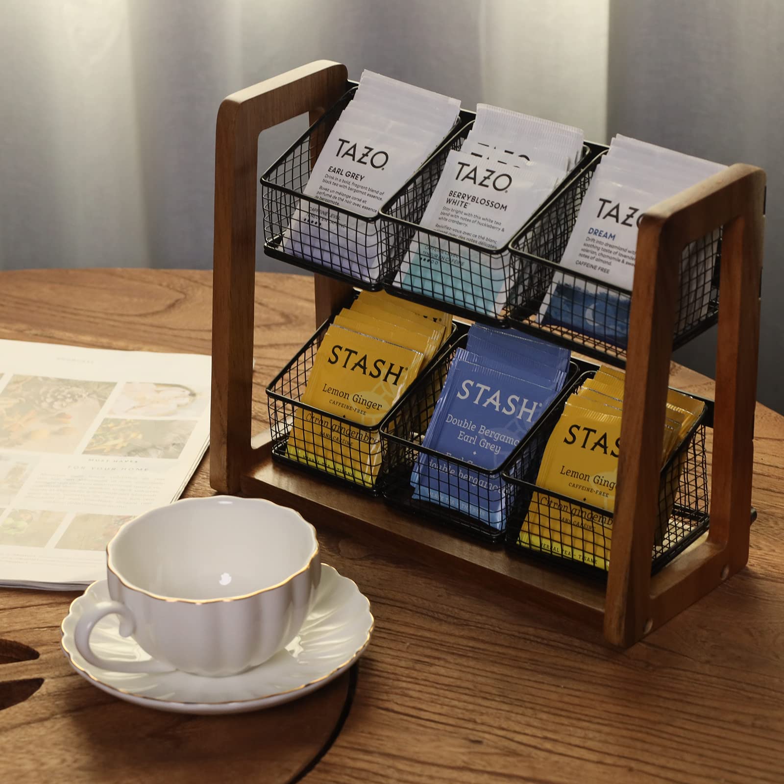 HTB wall-mounted tea organizer frees counter space.