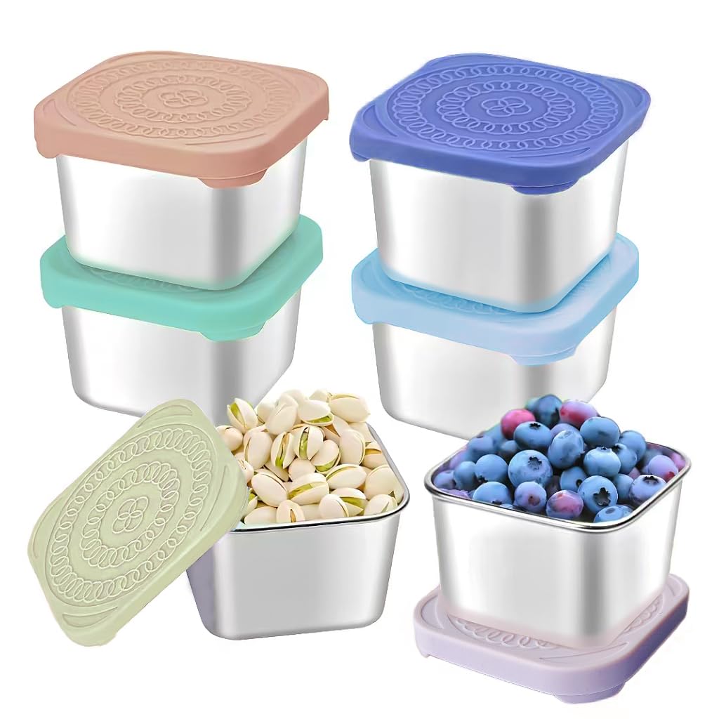 HTEVW 6Pack 6oz snack containers, side view, showcasing space-saving stacking for school lunches.