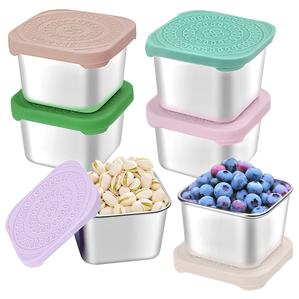 HTEVW 6Pack stainless steel snack containers with silicone lids, leak-proof for kids' lunches.