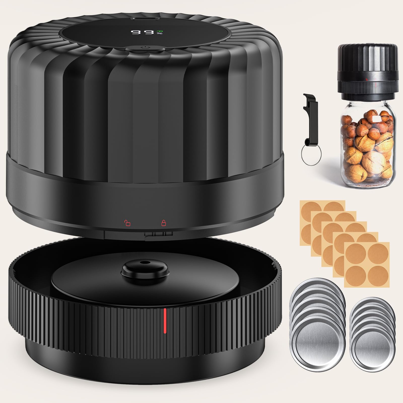 HTPOW electric mason jar vacuum sealer front view showing quick sealing for pantry jars