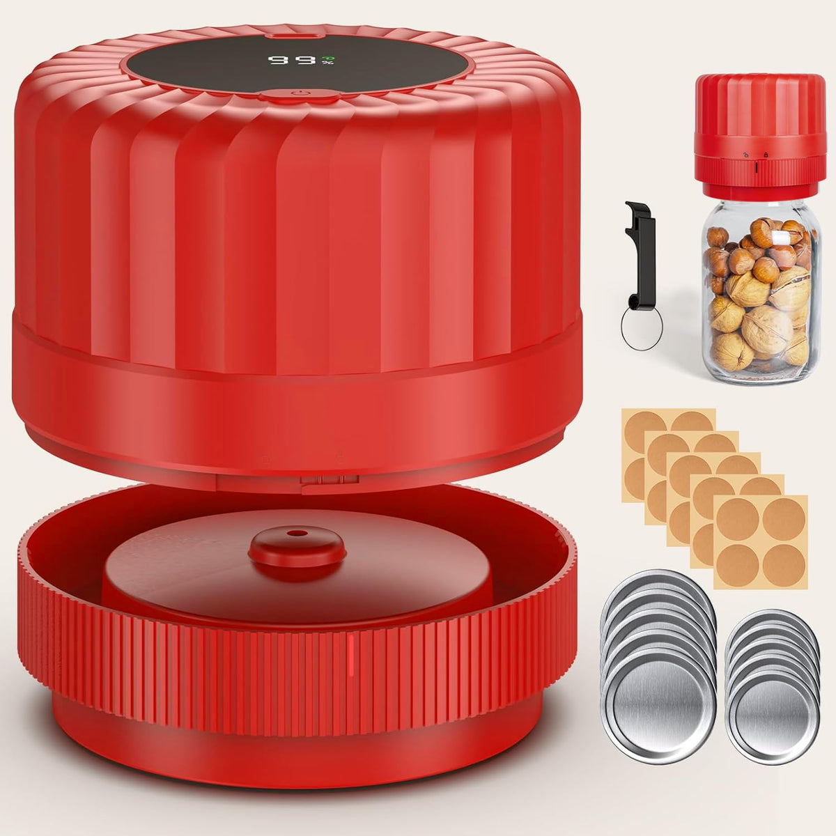 HTPOW fully automatic mason jar vacuum sealer kit on a kitchen counter sealing pantry ingredients.