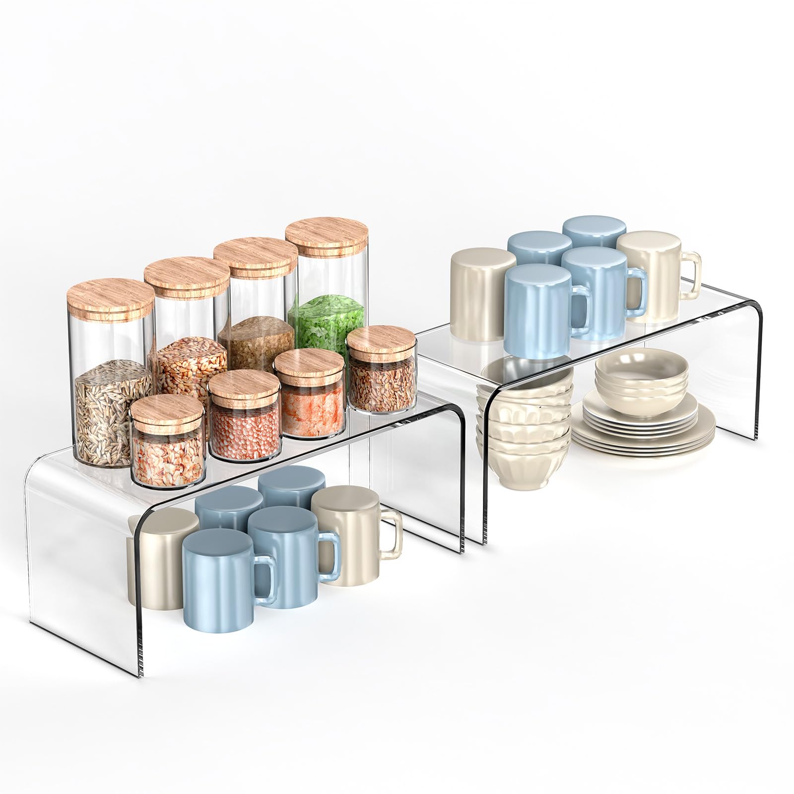 HTRYBNES clear cabinet shelf organizers 2-pack brighten pantry with visible spices and dishes.