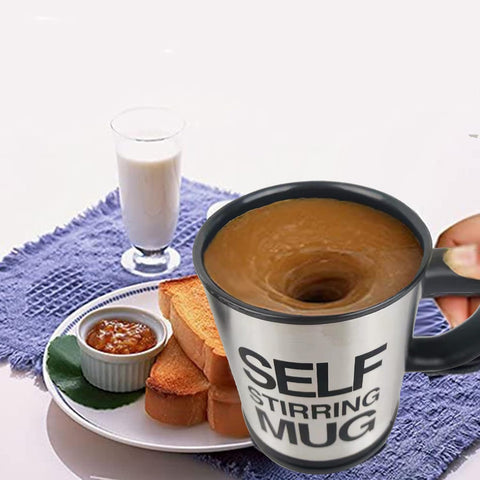 HTTLLH self-stirring mug in use on a desk shows quick froth ready to sip