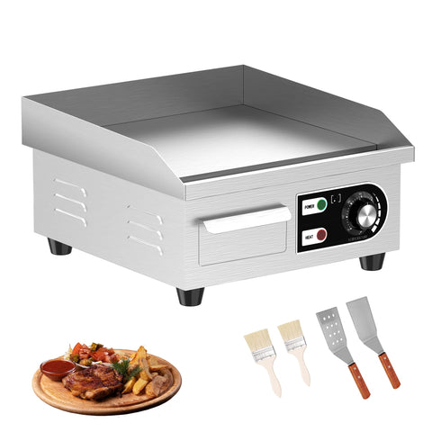 HTTSICHI 14-inch electric griddle front view, showcasing a sturdy stainless steel body for daily use.