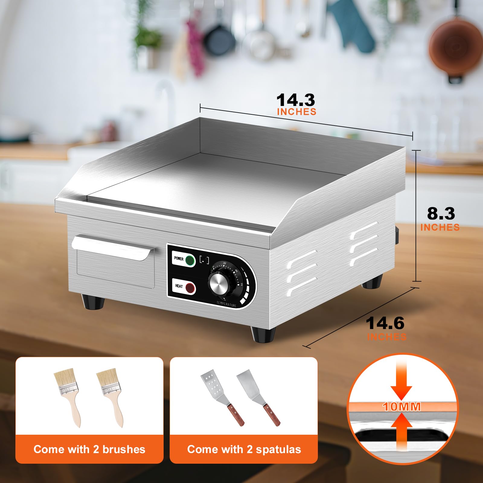 HTTSICHI temperature control knob on 14-inch griddle enables precise heat management.