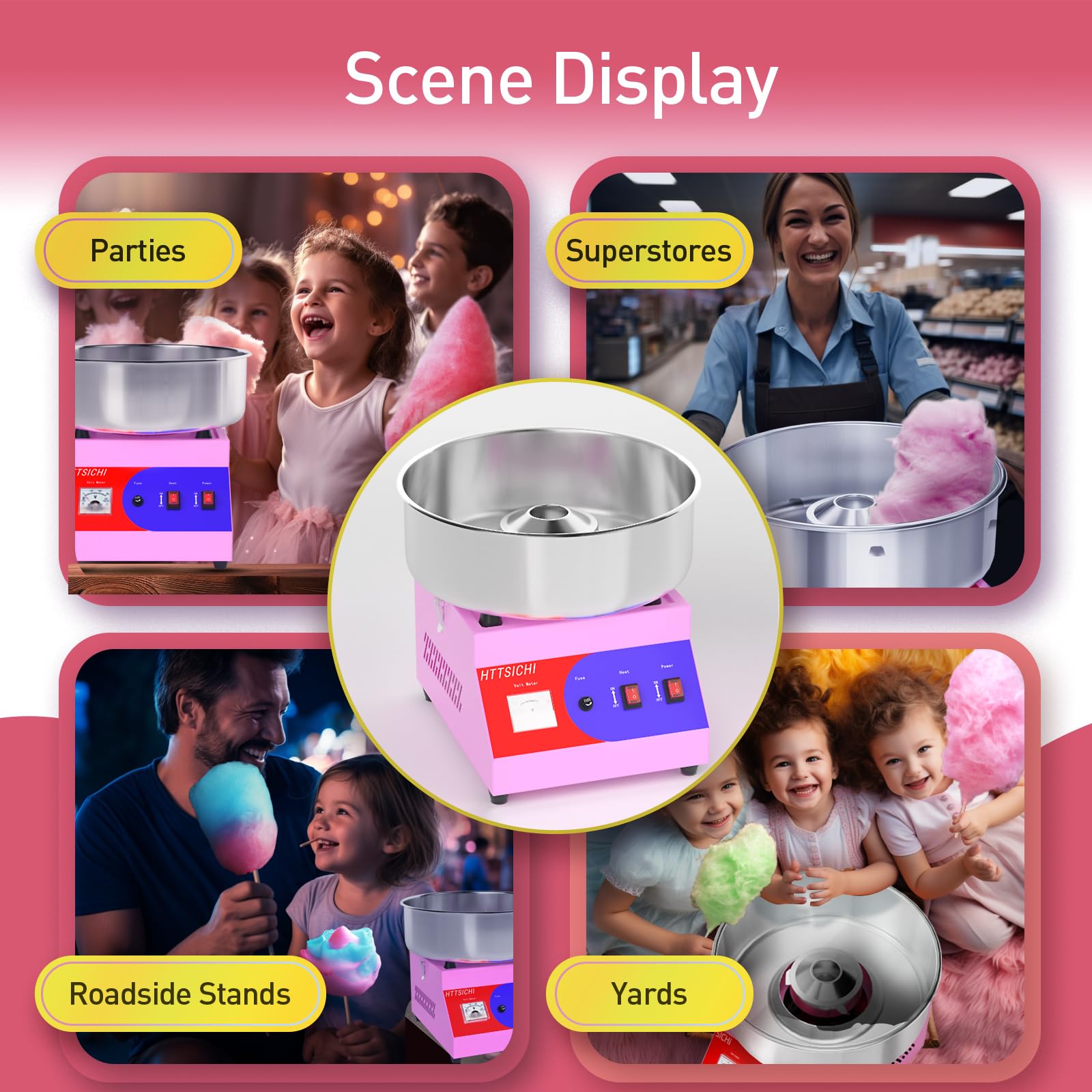 HTTSICHI cotton candy machine enables fast production for busy gatherings.