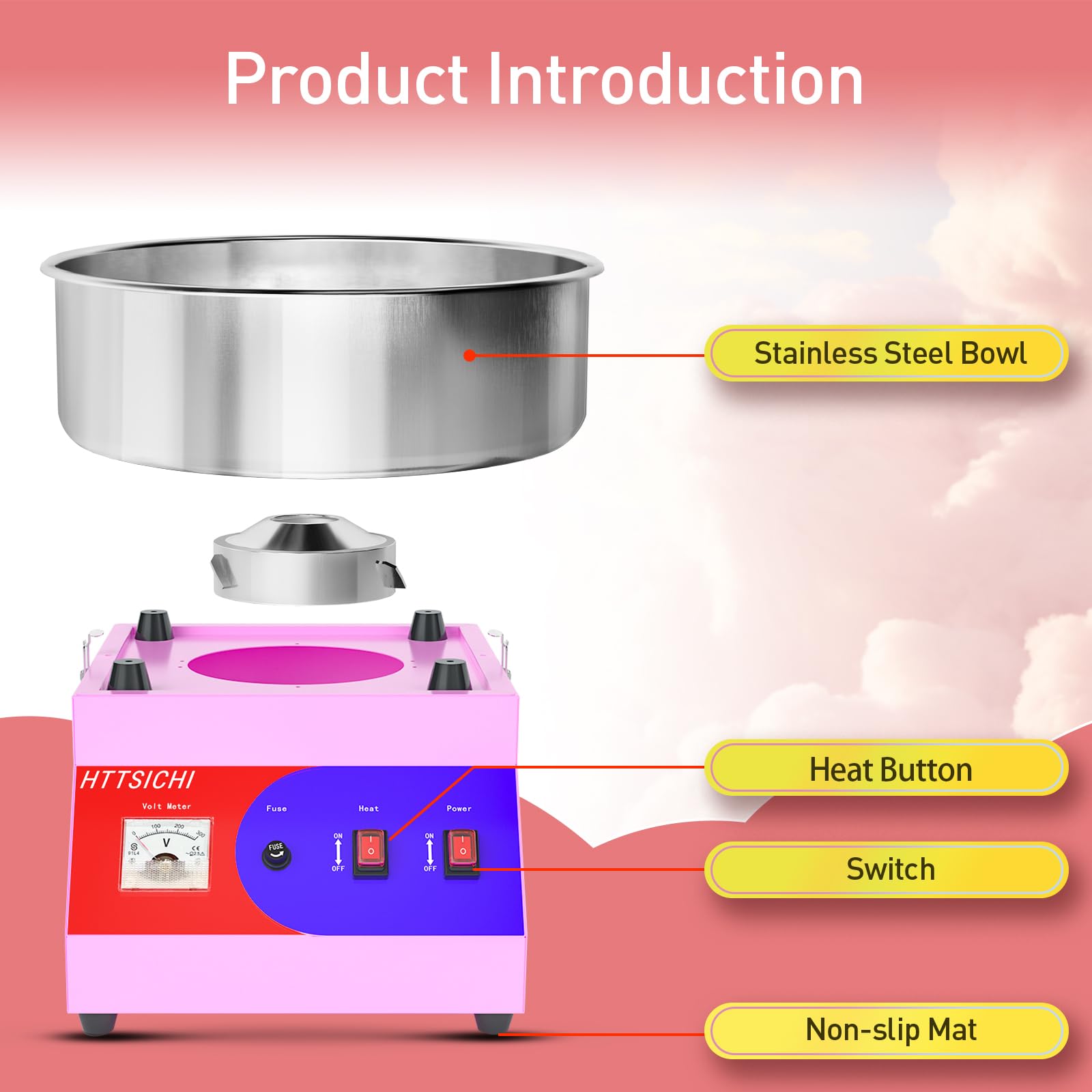 HTTSICHI cotton candy machine includes sugar scoop for quick prep.