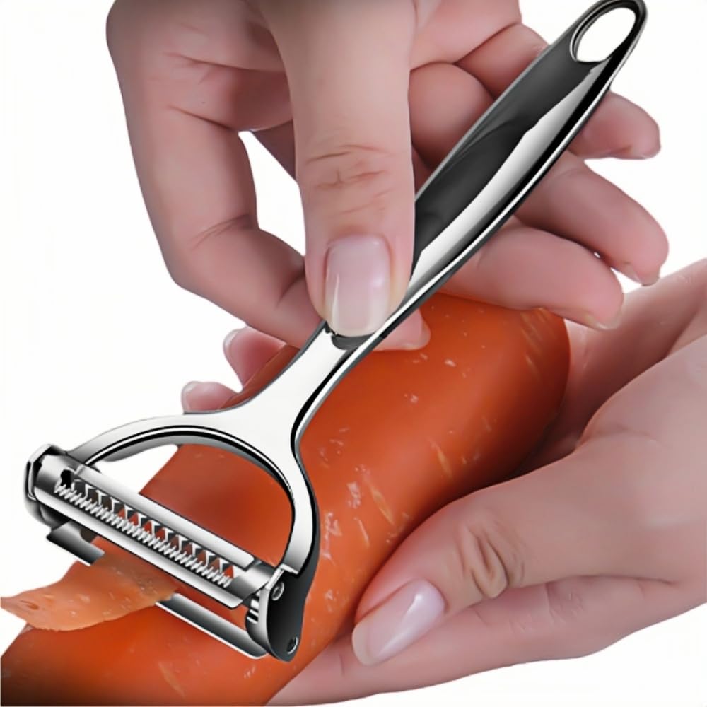 Huakai 2-in-1 peeler demonstrates the julienne blade for uniform strips.