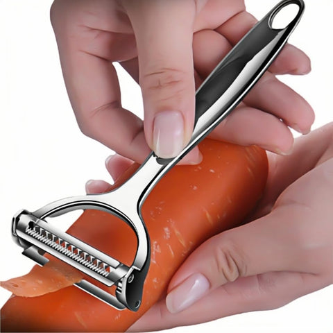Huakai 2-in-1 peeler demonstrates the julienne blade for uniform strips.