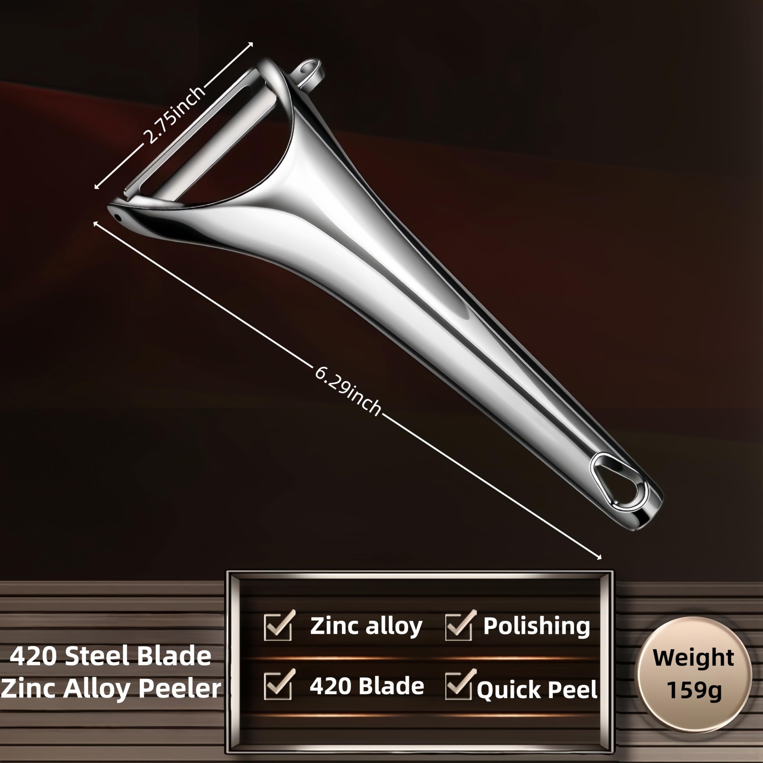 Huakai rotary peeler showing stainless steel blade for smooth peels.