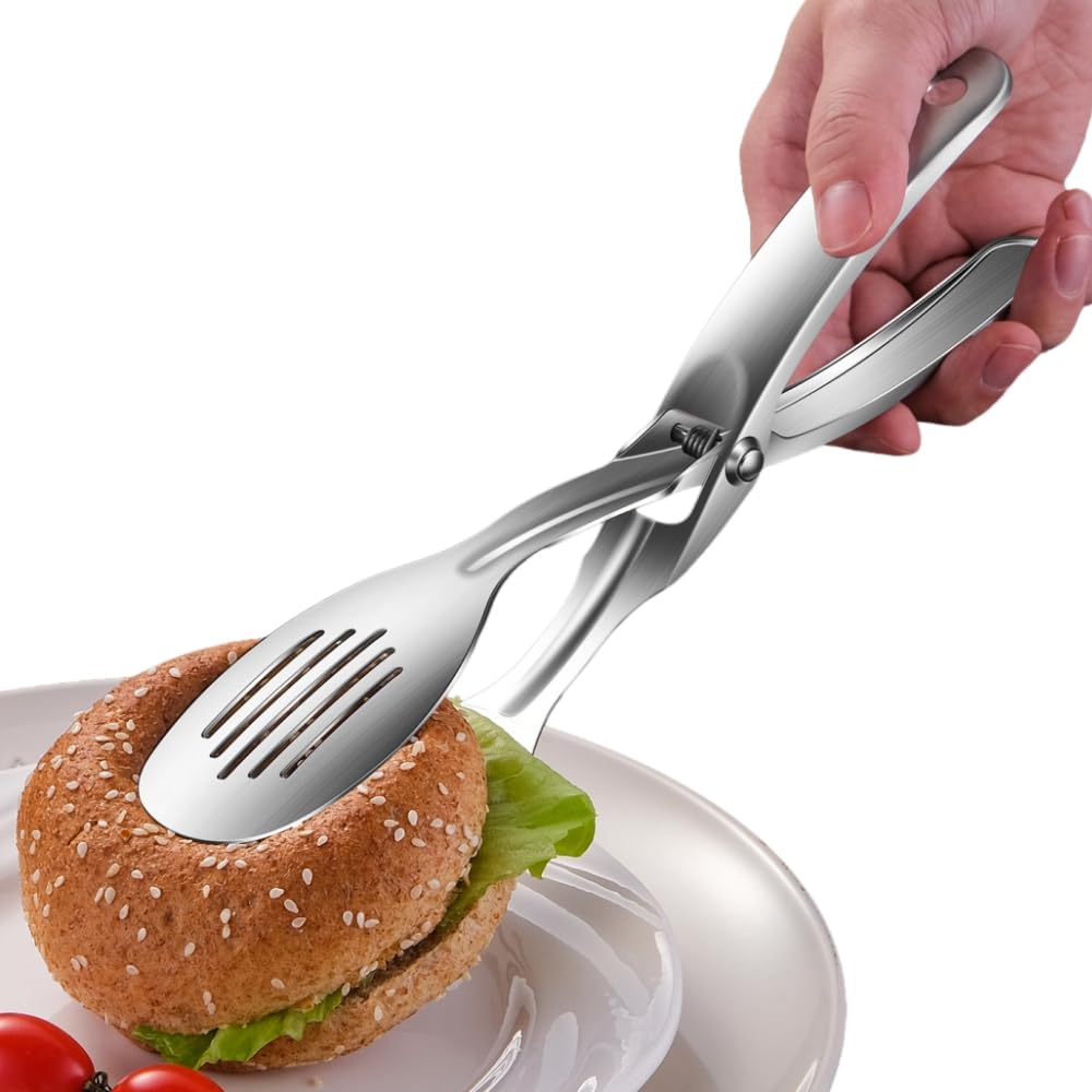 Huakai stainless steel cooking tongs open wide for easy flipping of steaks.