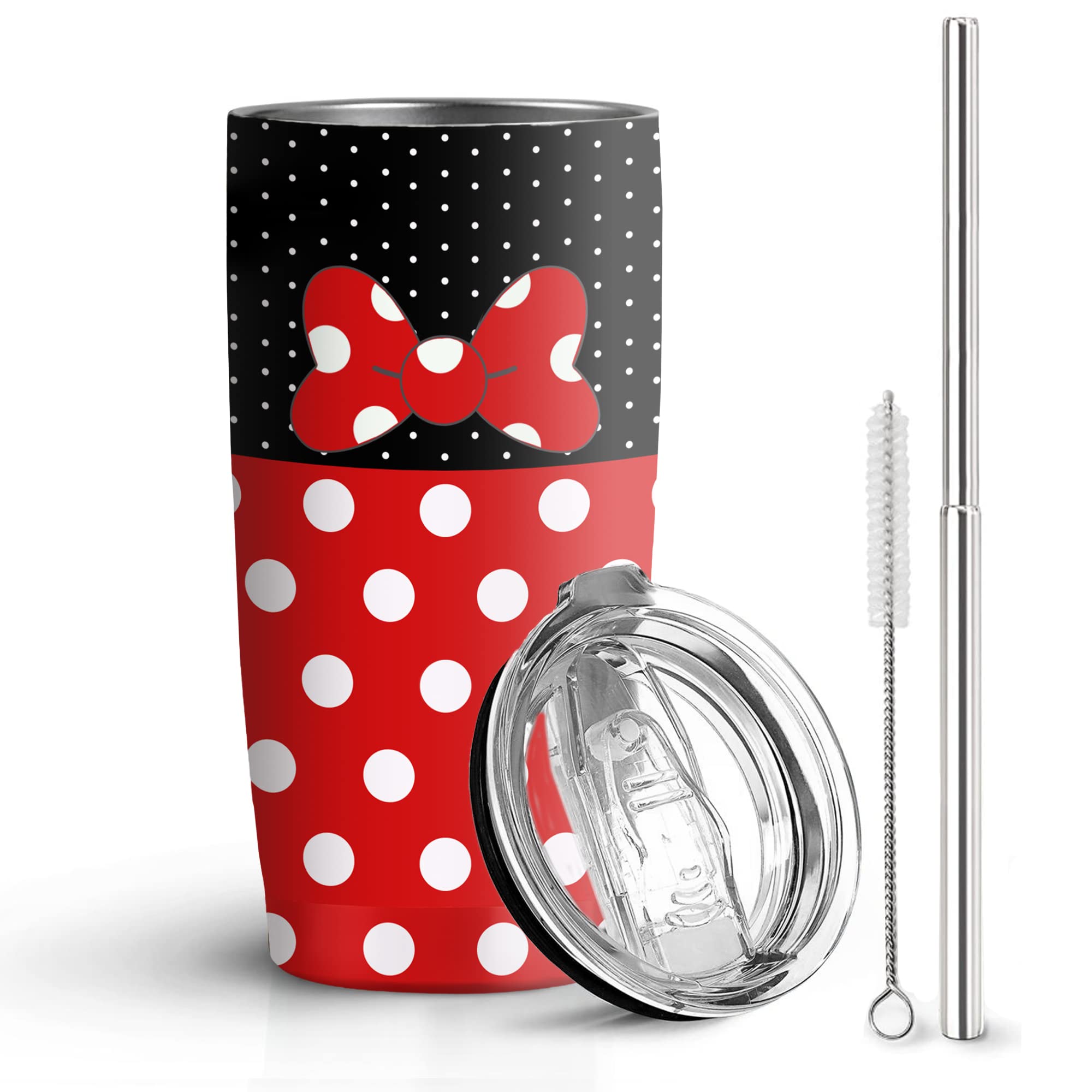 Hualvbul polka dot bow knot tumbler with straw and lid for hot and cold drinks
