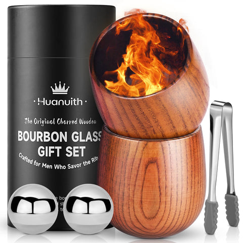 Huanuith charred wooden whiskey glasses highlight distinctive grain and smoky aroma.