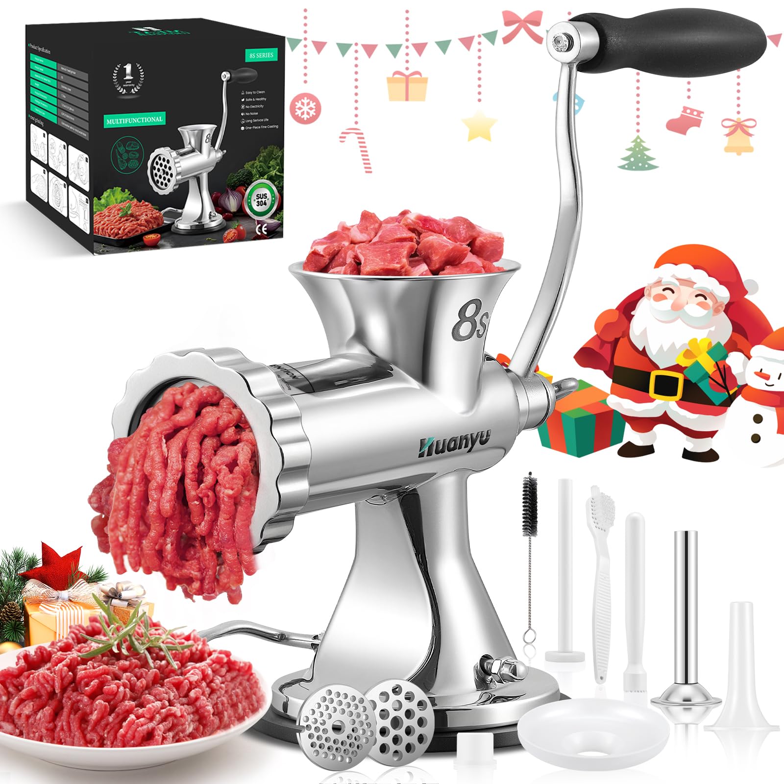 Huanyu Manual Meat Grinder front view; sturdy stainless steel for long-lasting use.