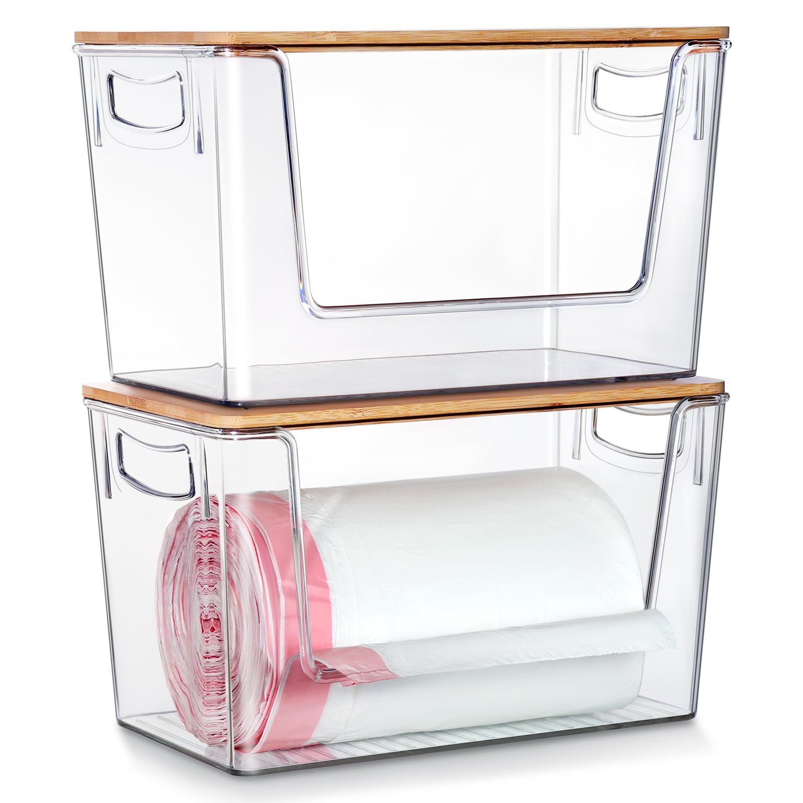 Hudgan 2-pack trash bag holder dispenser with vertical stack for space-saving storage