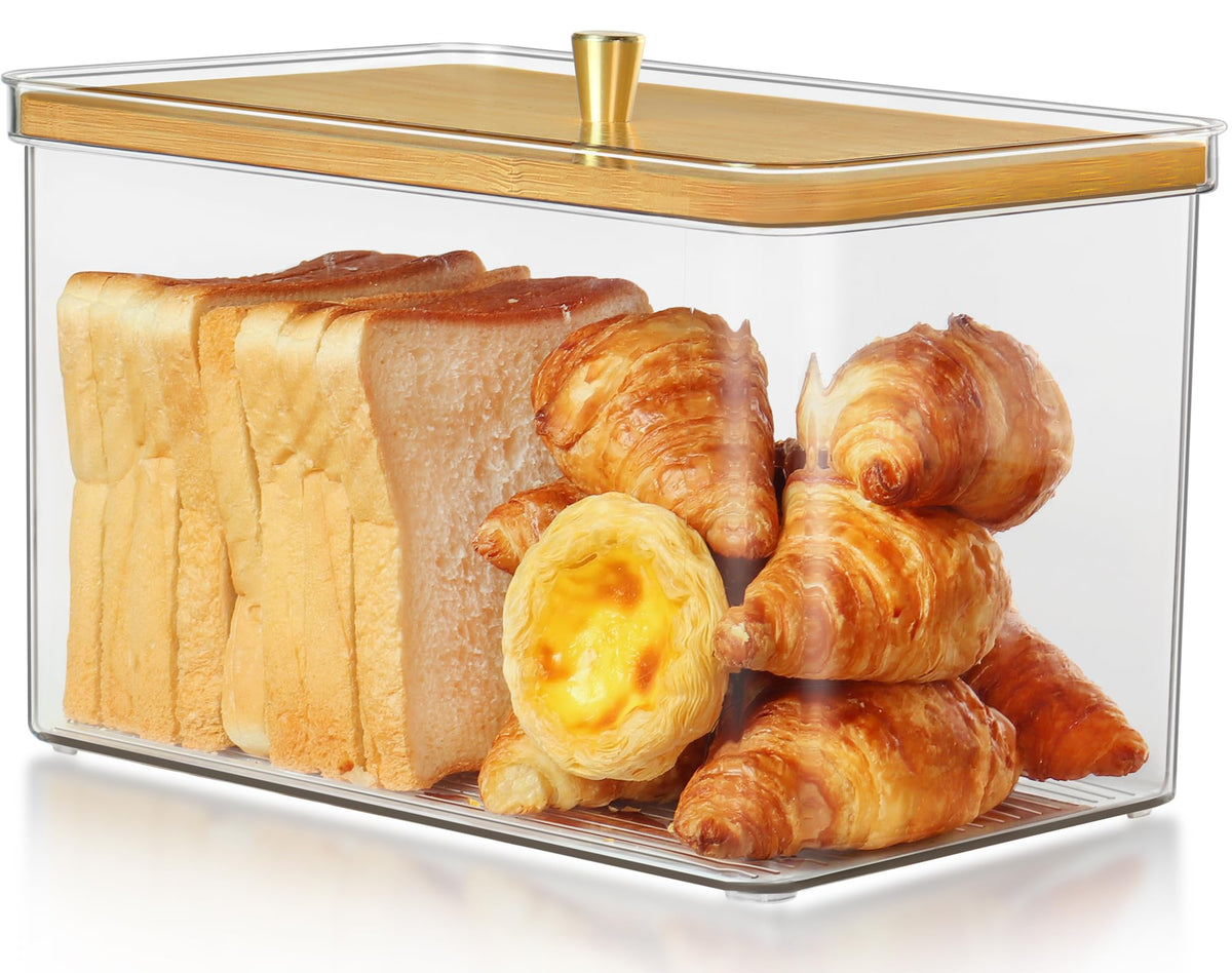 Hudgan breadbox with clear acrylic body showing fresh bread loaves clearly